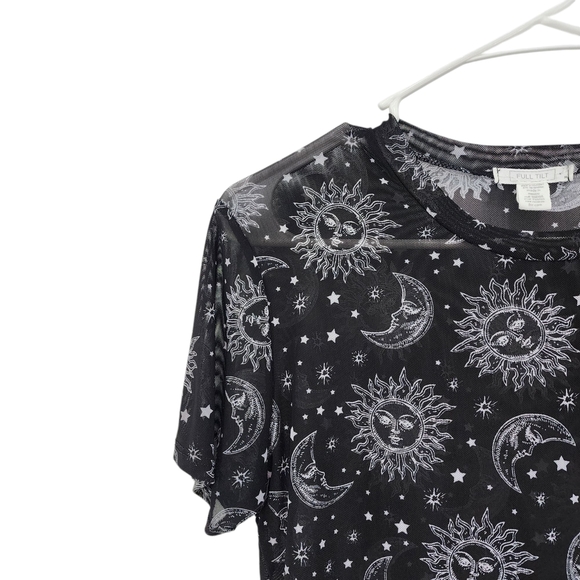 Full Tilt Women's Black Celestial Print Mesh Crop Top Y2K Sz M - Picture 2 of 5